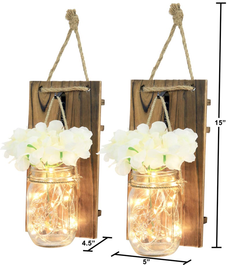 Greenco GRC2859 Wall Hung Mason Jar Sconce with Faux Flower and Led Strip Lights, Rustic - Image 2